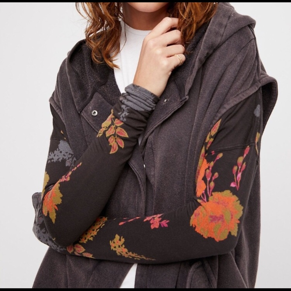 Free People Black Floral Sleeve Hoodie Vest